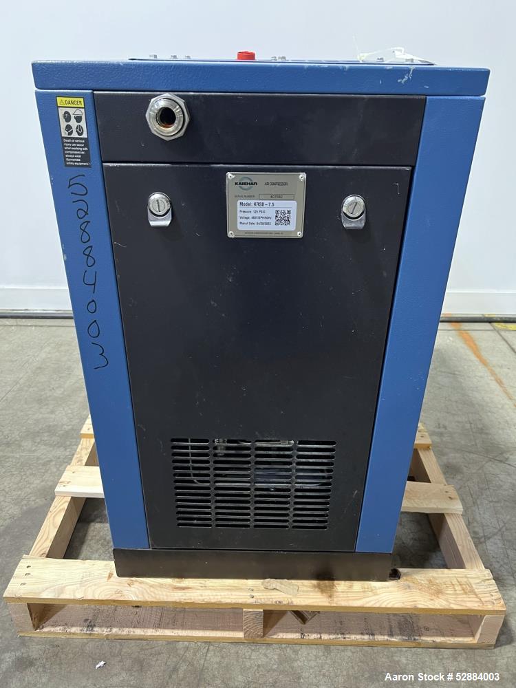 Used Kaishan Deltech Single Stage Rotary Air Compressor, Model KRSB-7.5. 24CFM. Driven by a 5.5kw (7.5hp) 3/60/208-230/460v 3540rpm motor. Rated 125 psi discharge pressure, Serial# 407682, built 2022...