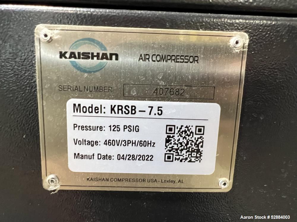 Used Kaishan Deltech Single Stage Rotary Air Compressor, Model KRSB-7.5. 24CFM. Driven by a 5.5kw (7.5hp) 3/60/208-230/460v 3540rpm motor. Rated 125 psi discharge pressure, Serial# 407682, built 2022...