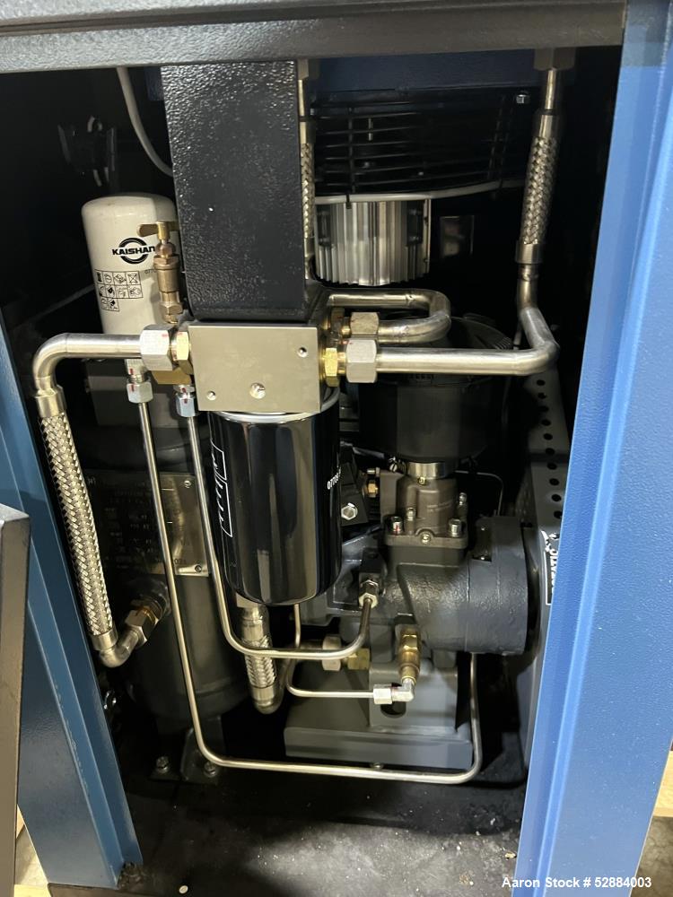 Used Kaishan Deltech Single Stage Rotary Air Compressor, Model KRSB-7.5. 24CFM. Driven by a 5.5kw (7.5hp) 3/60/208-230/460v 3540rpm motor. Rated 125 psi discharge pressure, Serial# 407682, built 2022...