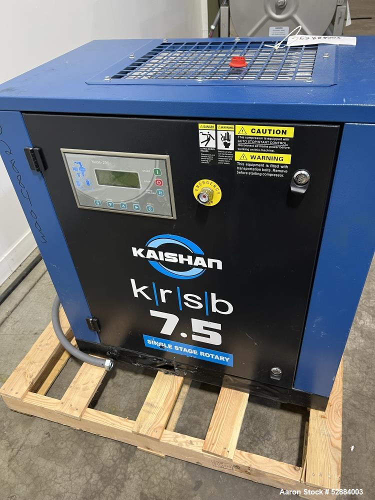 Used Kaishan Deltech Single Stage Rotary Air Compressor, Model KRSB-7.5. 24CFM. Driven by a 5.5kw (7.5hp) 3/60/208-230/460v 3540rpm motor. Rated 125 psi discharge pressure, Serial# 407682, built 2022...