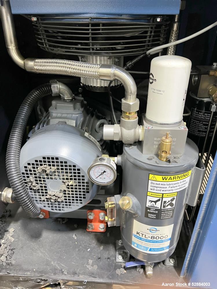 Used Kaishan Deltech Single Stage Rotary Air Compressor, Model KRSB-7.5. 24CFM. Driven by a 5.5kw (7.5hp) 3/60/208-230/460v 3540rpm motor. Rated 125 psi discharge pressure, Serial# 407682, built 2022...