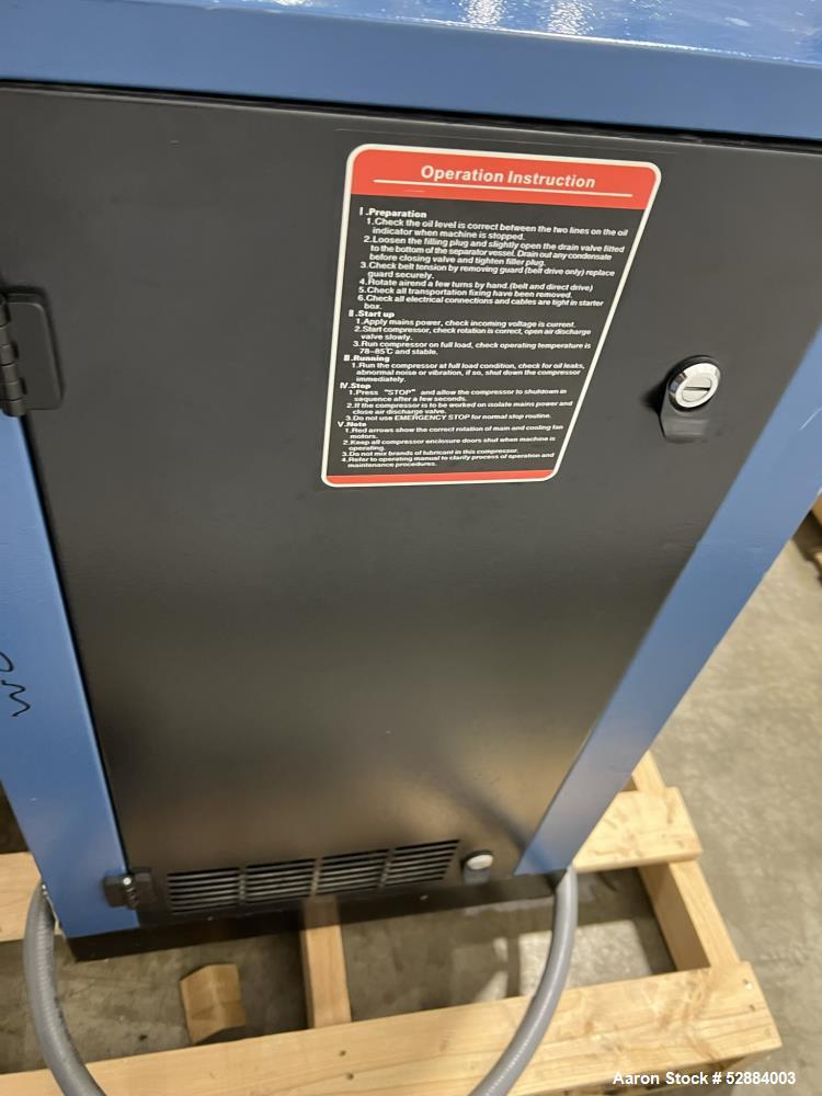 Used Kaishan Deltech Single Stage Rotary Air Compressor, Model KRSB-7.5. 24CFM. Driven by a 5.5kw (7.5hp) 3/60/208-230/460v 3540rpm motor. Rated 125 psi discharge pressure, Serial# 407682, built 2022...