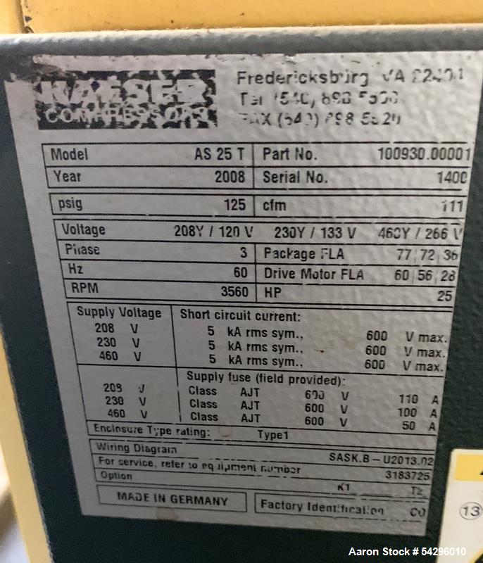Used Kaesar 25hp Rotary Screw Air Compressor With Integrated Dryer, Model AS 25 T.  Serial # 2500, Built 2008.