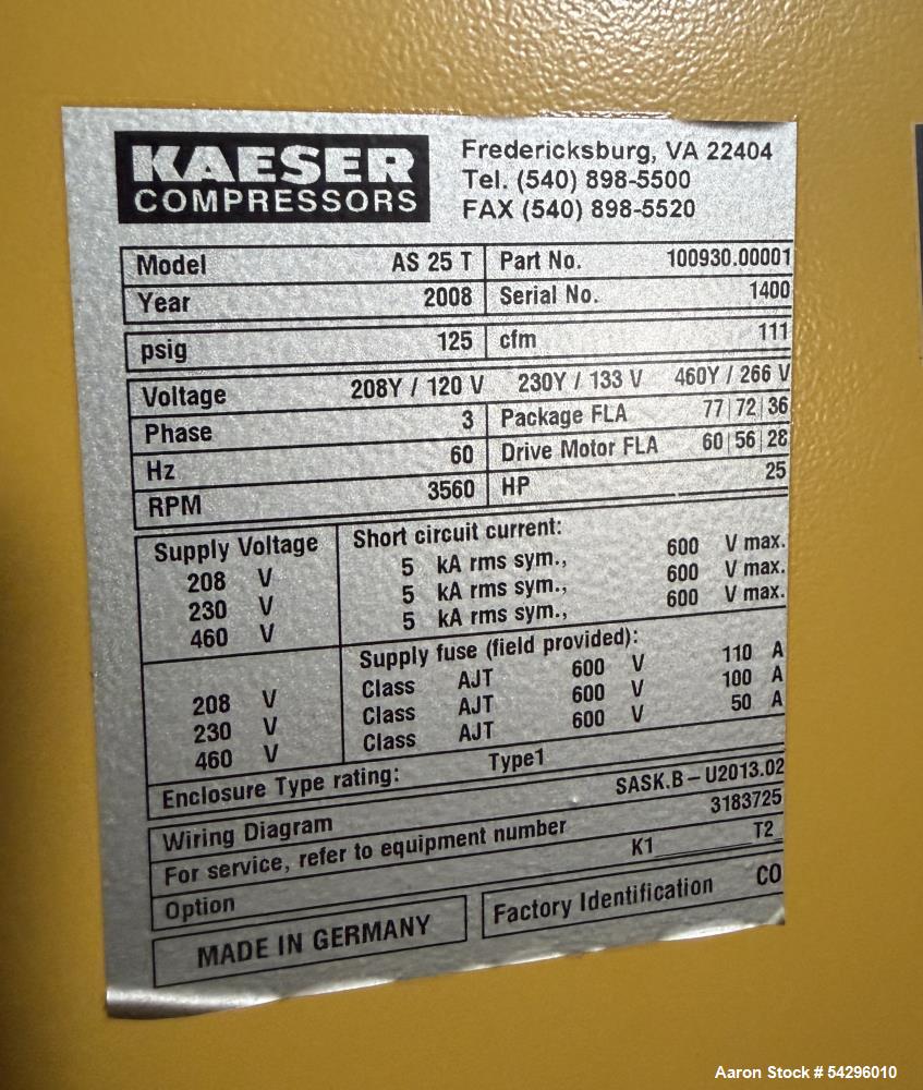 Used Kaeser AS 25T Rotary Screw Air Compressor with Integrated Dryer | 125 PSIG, 111 CFM