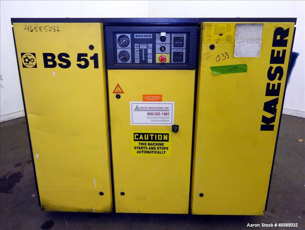 Used Kaeser Air Cooled Rotary Screw Compressor, Model BS51. Approximate 182 cfm at 125 psi. Driven by a 40hp, 3/60/440-480 volt, 1765 rpm motor. Includes Kaeser controls. Skid mounted. 31,518 Hours. ...