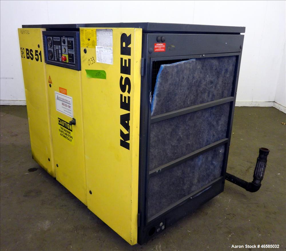 Used Kaeser Air Cooled Rotary Screw Compressor, Model BS51. Approximate 182 cfm at 125 psi. Driven by a 40hp, 3/60/440-480 volt, 1765 rpm motor. Includes Kaeser controls. Skid mounted. 31,518 Hours. ...