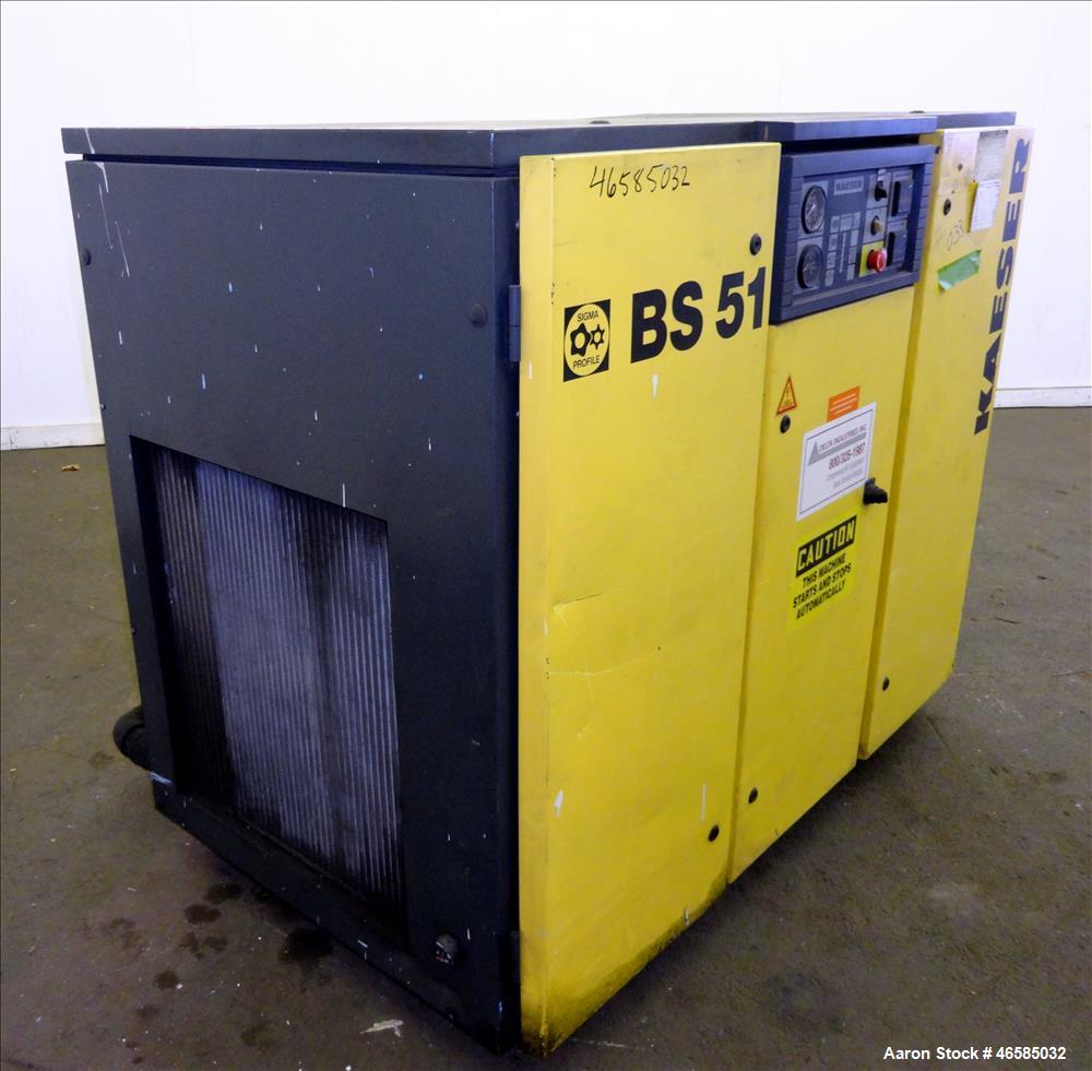 Used Kaeser Air Cooled Rotary Screw Compressor, Model BS51. Approximate 182 cfm at 125 psi. Driven by a 40hp, 3/60/440-480 volt, 1765 rpm motor. Includes Kaeser controls. Skid mounted. 31,518 Hours. ...