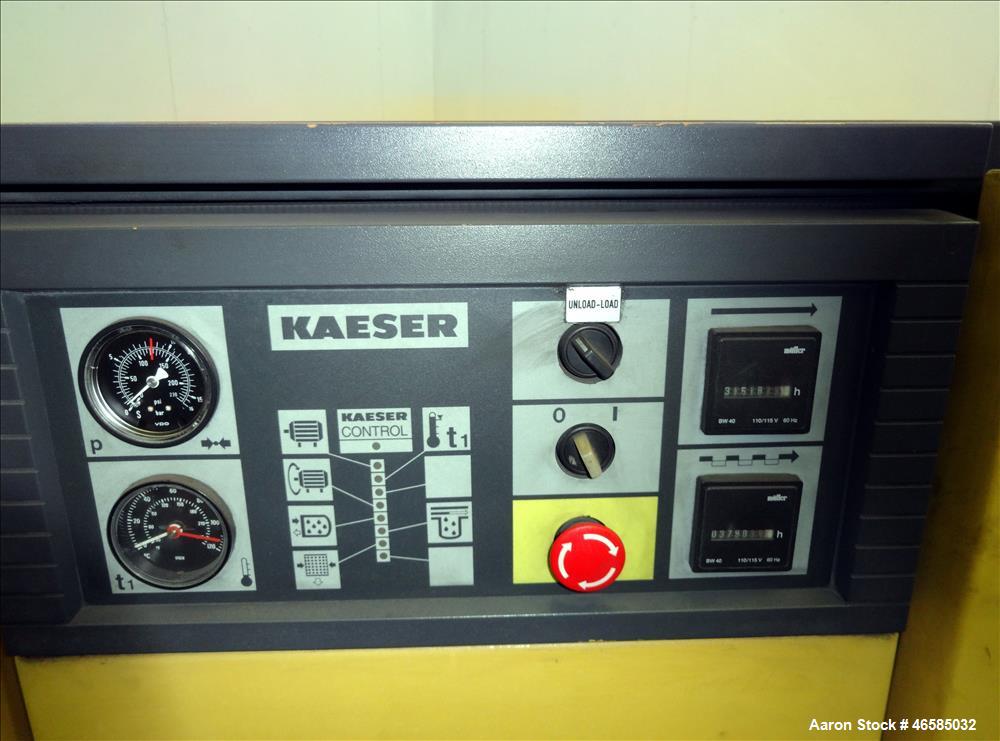 Used Kaeser Air Cooled Rotary Screw Compressor, Model BS51. Approximate 182 cfm at 125 psi. Driven by a 40hp, 3/60/440-480 volt, 1765 rpm motor. Includes Kaeser controls. Skid mounted. 31,518 Hours. ...