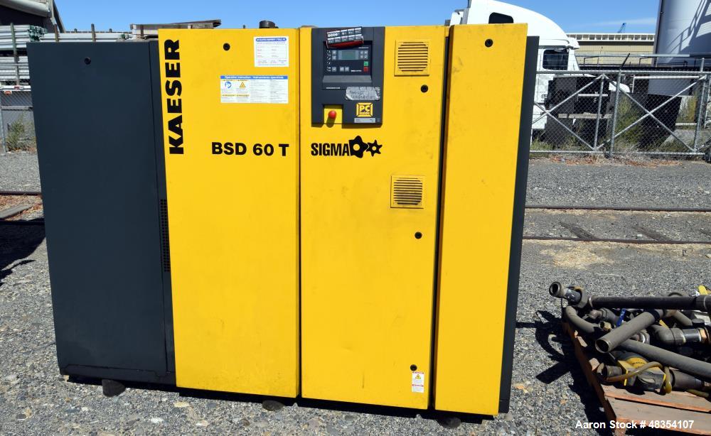 Used Kaeser BSD rotary screw compressor, model BSD 60 T. Rated 288 cfm at 125 psig, 60hp motor, serial# 1053, built 2007. Includes an ABT.81 dryer and KFC100 filter.