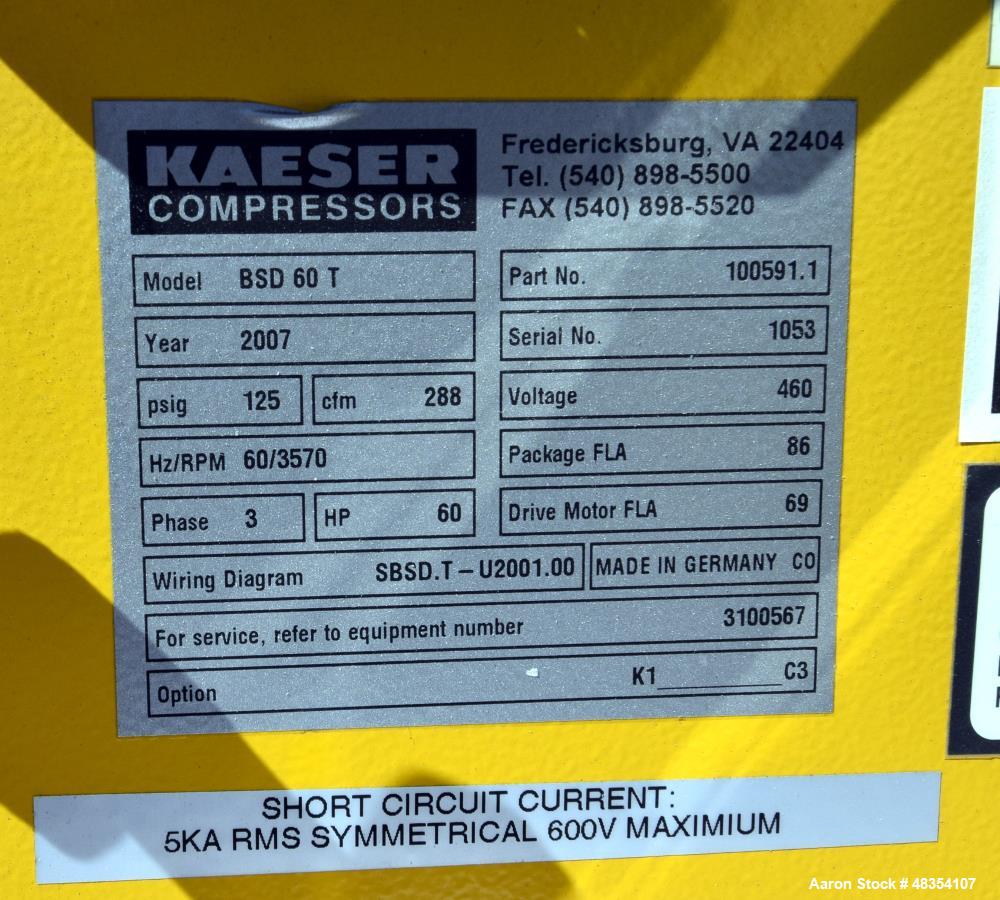 Used Kaeser BSD rotary screw compressor, model BSD 60 T. Rated 288 cfm at 125 psig, 60hp motor, serial# 1053, built 2007. Includes an ABT.81 dryer and KFC100 filter.
