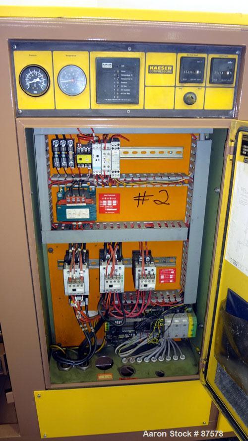 Used Kaeser Stationary Rotary Screw Compressor, Model CS75. Air cooled. Capacity approximately 282 cfm at 110 psi. Driven by a 60 hp, 3/60/230/460 volt, 1740 rpm motor. Unit includes a control panel....