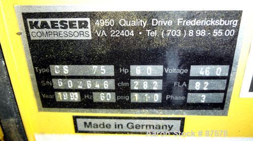 Used Kaeser Stationary Rotary Screw Compressor, Model CS75. Air cooled. Capacity approximately 282 cfm at 110 psi. Driven by a 60 hp, 3/60/230/460 volt, 1740 rpm motor. Unit includes a control panel....