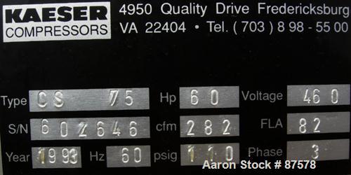 Used Kaeser Stationary Rotary Screw Compressor, Model CS75. Air cooled. Capacity approximately 282 cfm at 110 psi. Driven by a 60 hp, 3/60/230/460 volt, 1740 rpm motor. Unit includes a control panel....
