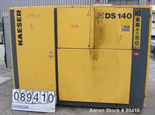 USED: Kaeser stationary rotary screw compressor, model DS140, aircooled. Capacity approximately 520 cfm at 110 psi. Driven by a 100 hp,3/60/460 volt motor. Unit includes a control panel. Skid mounted...