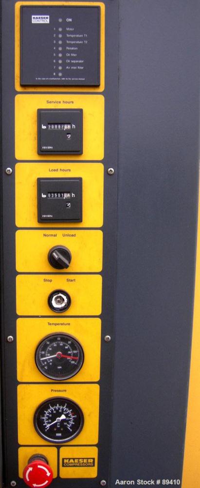 USED: Kaeser stationary rotary screw compressor, model DS140, aircooled. Capacity approximately 520 cfm at 110 psi. Driven by a 100 hp,3/60/460 volt motor. Unit includes a control panel. Skid mounted...