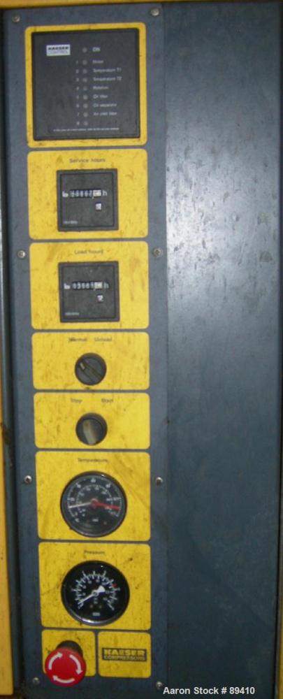 USED: Kaeser stationary rotary screw compressor, model DS140, aircooled. Capacity approximately 520 cfm at 110 psi. Driven by a 100 hp,3/60/460 volt motor. Unit includes a control panel. Skid mounted...