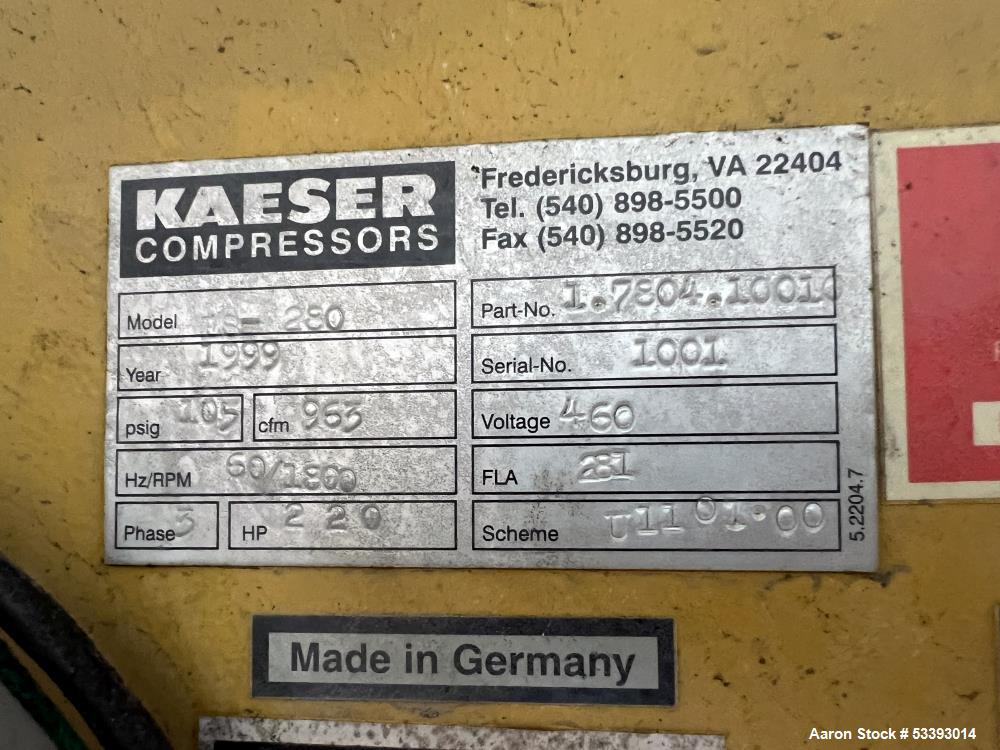 Used – Kaeser ES-280 Rotary Screw Air Compressor – 963 CFM, 220 HP, 105 PSIG