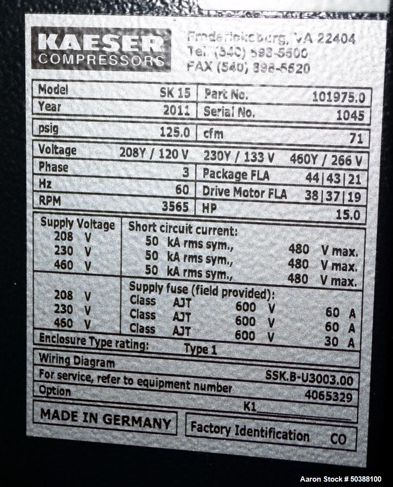Used Kaeser Model SK 15 Stationary Rotary Screw Compressor