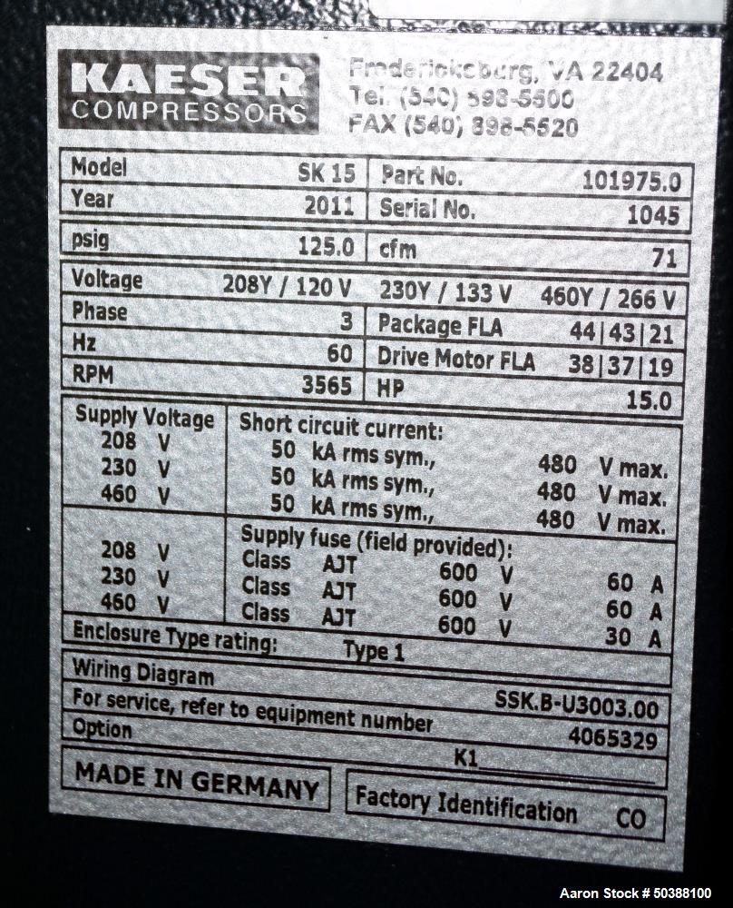 Used- Kaeser Model SK 15 Stationary Rotary Screw Compressor