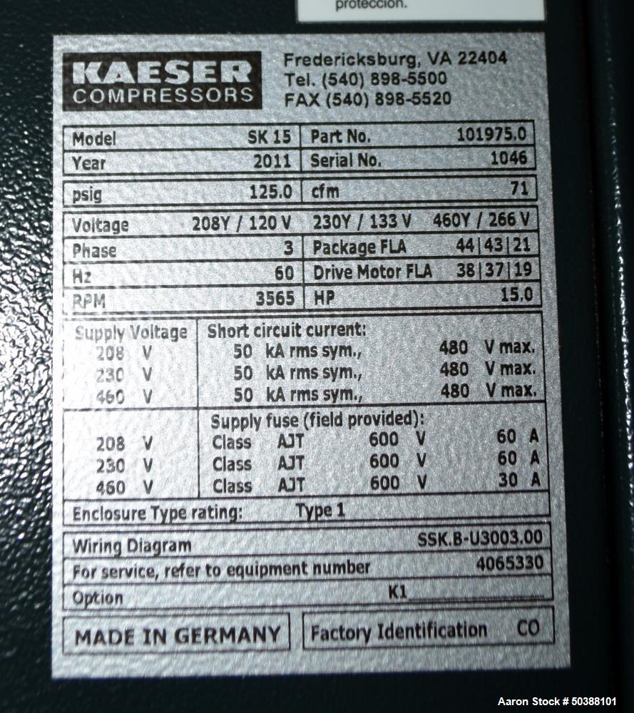 Used Kaeser Stationary Rotary Screw Compressor, Model SK 15.
