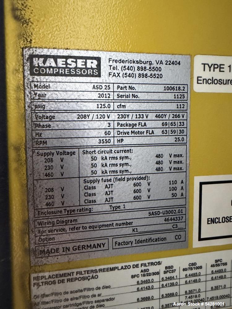Used Kaeser ASD 25 Rotary Screw Air Compressor | 25 HP | 112 CFM @ 125 PSIG | Si
