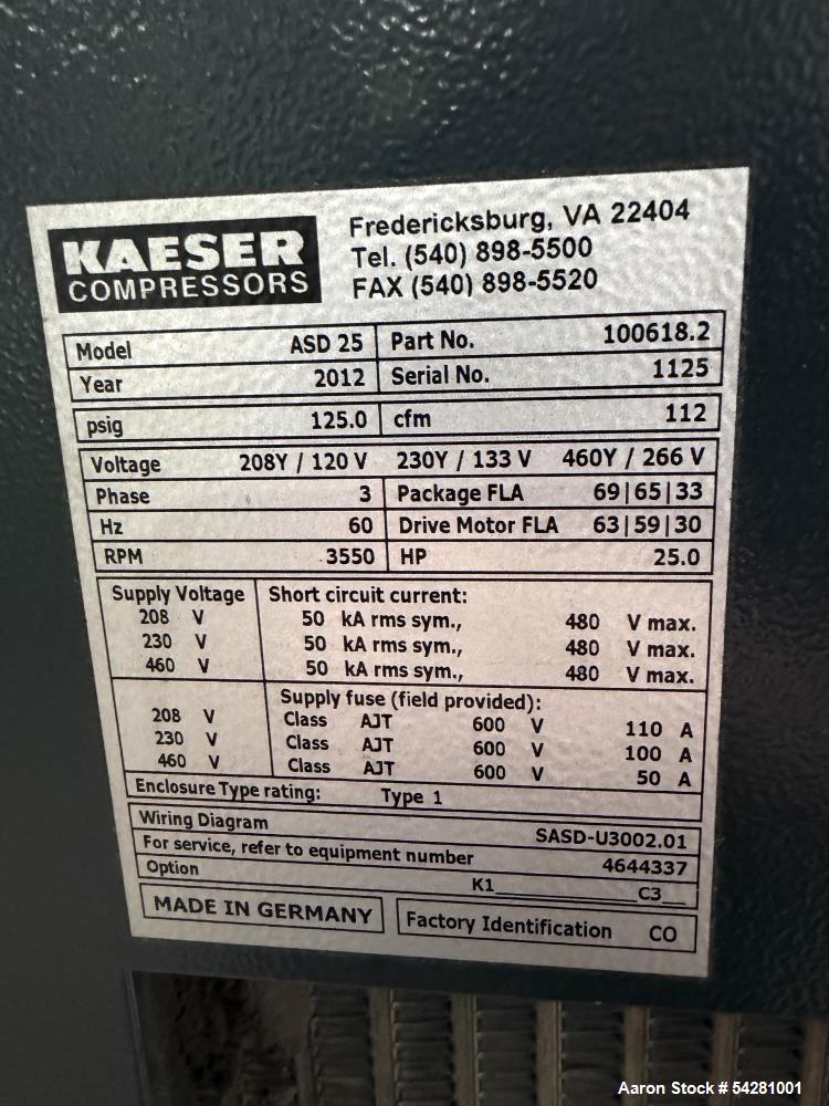 Used Kaeser ASD 25 Rotary Screw Air Compressor | 25 HP | 112 CFM @ 125 PSIG | Si