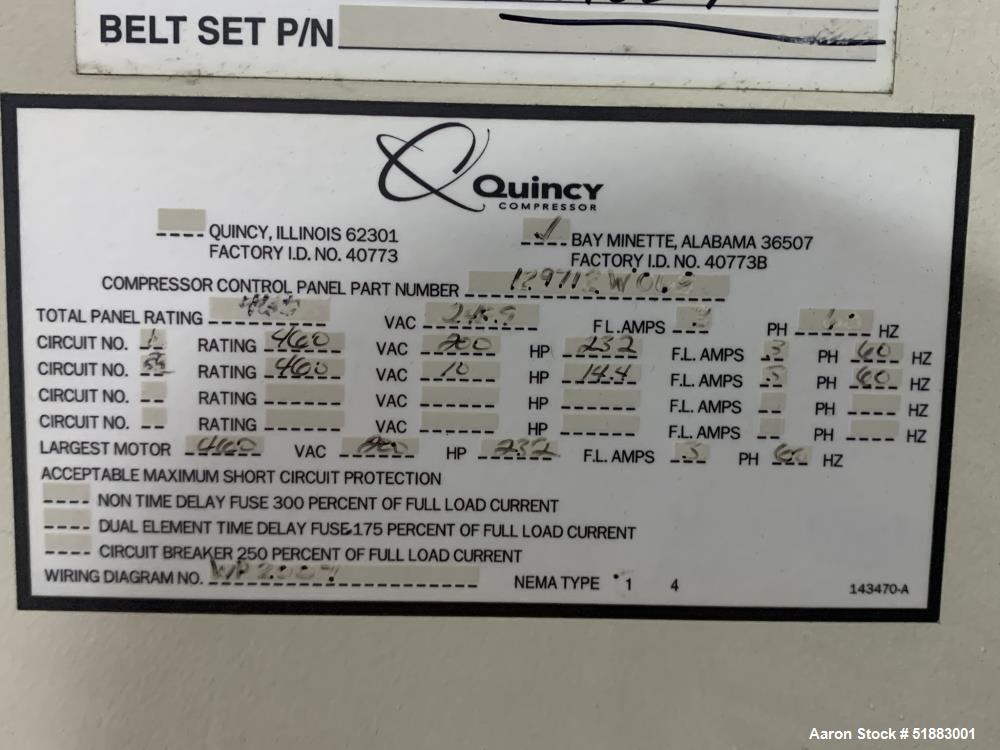 Used Quincy QGV-200 Rotary Screw Air Compressor – 200 HP, 1049.5 ACFM