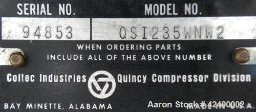 Used Quincy Helical Screw Air Compressor, Model QSI235WNW2, Water Cooled. Capacity 234 cfm at 110 psi. Driven by a 50 hp, 3/60/230/460 volt, 1780 rpm motor. Includes an air/oil reservoir tank, water ...