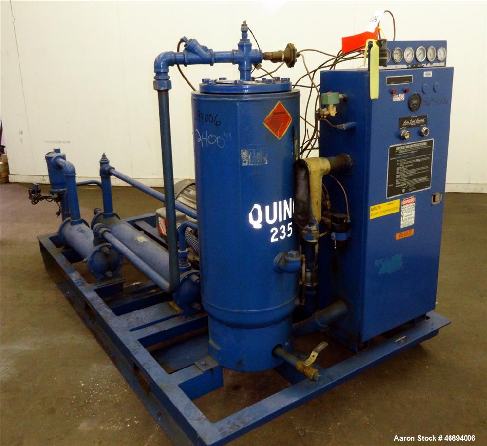 Used Quincy Helical Screw Air Compressor, Model Q235WNW1, Water Cooled. Capacity 234 CFM at 125 psi. Driven by a 50hp, 3/60/230/460 volt, 1760 rpm motor. Includes an air/oil reservoir tank, after coo...