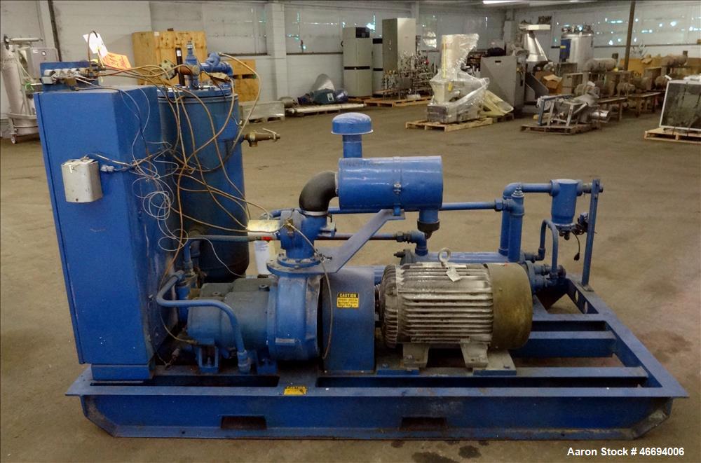 Used Quincy Helical Screw Air Compressor, Model Q235WNW1, Water Cooled. Capacity 234 CFM at 125 psi. Driven by a 50hp, 3/60/230/460 volt, 1760 rpm motor. Includes an air/oil reservoir tank, after coo...