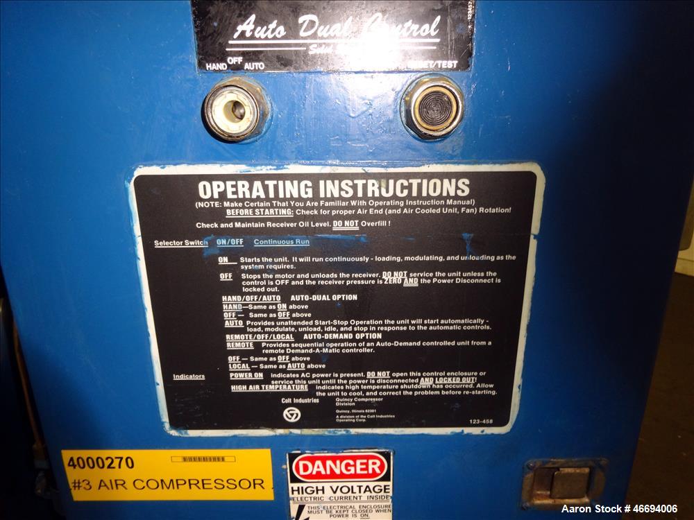 Used Quincy Helical Screw Air Compressor, Model Q235WNW1, Water Cooled. Capacity 234 CFM at 125 psi. Driven by a 50hp, 3/60/230/460 volt, 1760 rpm motor. Includes an air/oil reservoir tank, after coo...