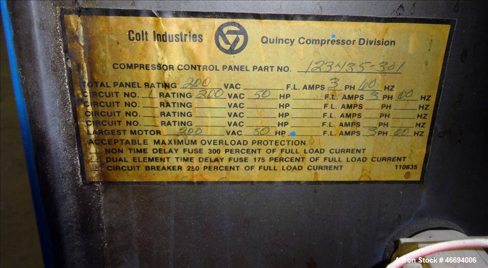 Used Quincy Helical Screw Air Compressor, Model Q235WNW1, Water Cooled. Capacity 234 CFM at 125 psi. Driven by a 50hp, 3/60/230/460 volt, 1760 rpm motor. Includes an air/oil reservoir tank, after coo...