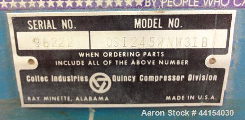 Used Quincy QSI-245 Water cooled  Rotary Screw Compressor, Model QSI245WNW31B. Approximate air delivery 245 cfm at 110 psig. Driven by a 50 hp, 3/60/230/460 volt, 1780 rpm motor. Unit includes contro...