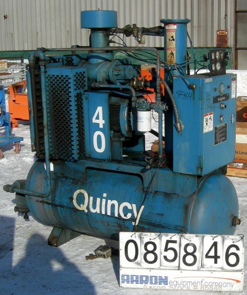 USED: Quincy rotary screw tank mounted air compressor, model QST HANA31K. Approx 176 acfm at 100 psig. Air cooled. Air/oil reservoir. Driven by a 40 hp, 3/60/230/460 volt, 1750 rpm motor. Mounted on ...