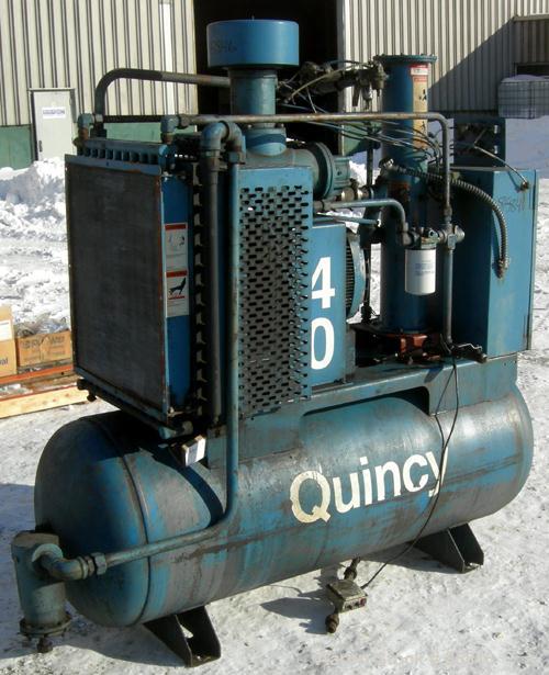 USED: Quincy rotary screw tank mounted air compressor, model QST HANA31K. Approx 176 acfm at 100 psig. Air cooled. Air/oil reservoir. Driven by a 40 hp, 3/60/230/460 volt, 1750 rpm motor. Mounted on ...