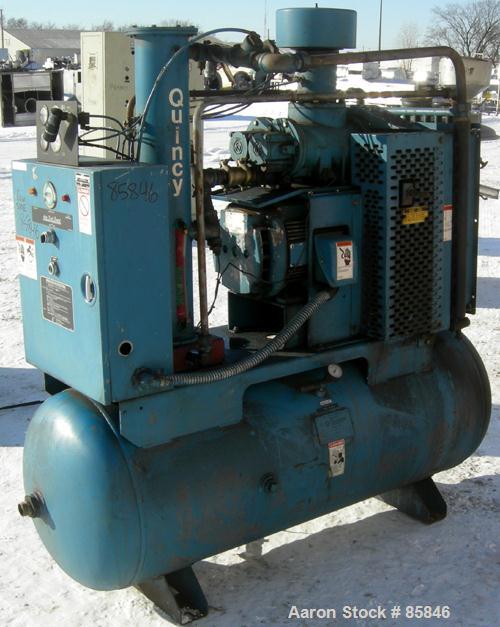 USED: Quincy rotary screw tank mounted air compressor, model QST HANA31K. Approx 176 acfm at 100 psig. Air cooled. Air/oil reservoir. Driven by a 40 hp, 3/60/230/460 volt, 1750 rpm motor. Mounted on ...