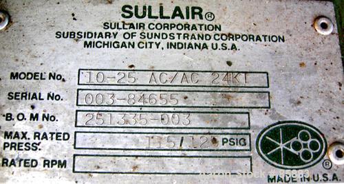 USED: Sullair single stage rotary screw compressor, model 10-25AC/AC 24KT, air cooled. Rated 105 cfm at 115/125 psig. Driven by a 25 hp, 3/60/230/460 volt, 1750 rpm motor. Includes sound enclosure an...
