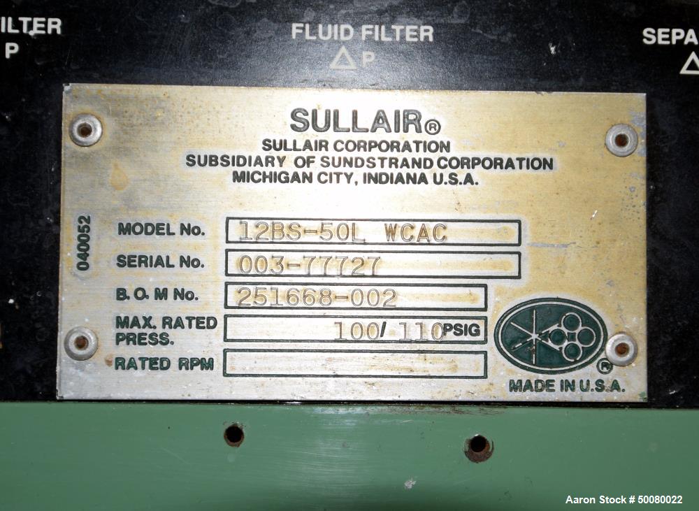 Used- Sullair Single Stage Rotary Screw Compressor, Model 12BS-50L WCAC
