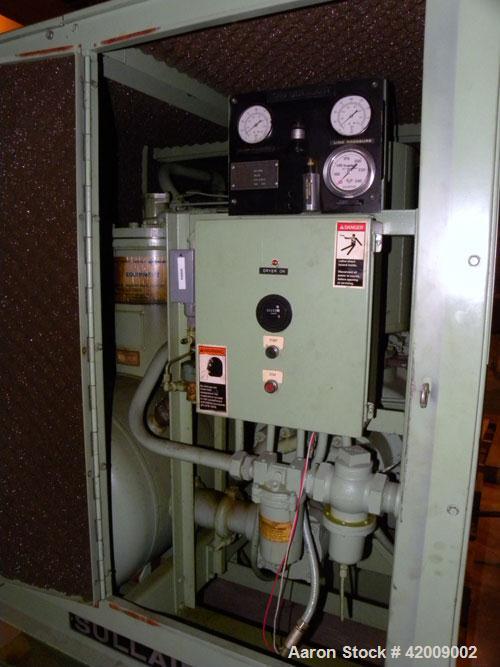 Used Sullair Rotary Screw Air Compressor, model 20-100L. Single stage, air cooled. Approximately 575 cfm at 100/110 psig. Driven by a 100 hp, 3/60/230/460 volt, 1770 rpm motor. Includes a control pan...
