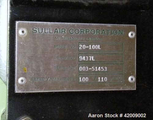 Used Sullair Rotary Screw Air Compressor, model 20-100L. Single stage, air cooled. Approximately 575 cfm at 100/110 psig. Driven by a 100 hp, 3/60/230/460 volt, 1770 rpm motor. Includes a control pan...