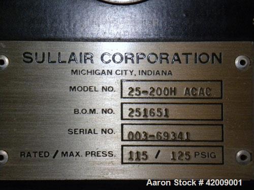 Used Sullair Rotary Screw Air Compressor, model 25-200H ACAC. Single stage, air cooled. Approximately 1218 cfm at 115/125 psig. Driven by a 200 hp, 3/60/460 volt, 1780 rpm motor. Includes a control p...