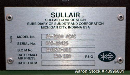 Used Sullair Air Cooled Rotary Screw Air Compressor, Model 25-200H ACAC. Approximately 900 cfm at 150 psig. Driven by a 250hp, 3/60/460 volt, 1770 rpm motor. Includes a control panel, and sound enclo...