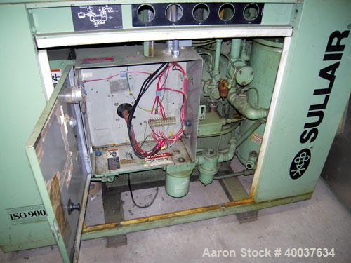 Used Sullair Rotary Screw Air Compressor, model LS-10. Approximately 111 cfm at 100 psig. Approximately 100 psi, and a 25 hp motor. Includes a sound enclosure. Missing controls, 51094 hours on meter....