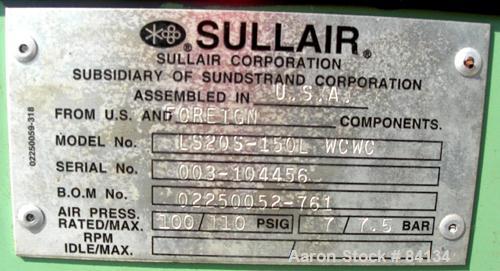 USED: Sullair single stage rotary screw air compressor, model LS20S-150LWCWC, water cooled. Rated 730 cfm at 100 psig. Driven by a 150 hp, 3/60/460 volt, 1780 rpm motor. Includes heat exchangers, tan...