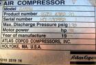 USED: Atlas Copco Stationary Rotary Screw Compresser, model GA55W. Rated max 132 psi, water cooled. Capacity approximately 328 cfm at 125 psi. Driven by a 75 hp, 3/60/230/460 volt, 3550 rpm motor. Un...