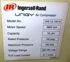 Used Ingersoll-Rand Unigy Rotary Screw Air Compressor, Model UNI-15-150-H. Capacity 53 CFM, rated operating pressure 125psi. Driven by a 12.5kw (15hp), 400 volt motor. Includes a sound enclosure. Bui...