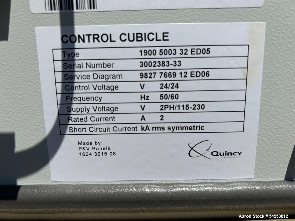 Used Quincy QHD635 twin-tower heatless desiccant air dryer system, manufactured in 2022, complete with integrated control cubicle and pre-/post-filtration assemblies. The unit includes two vertical d...