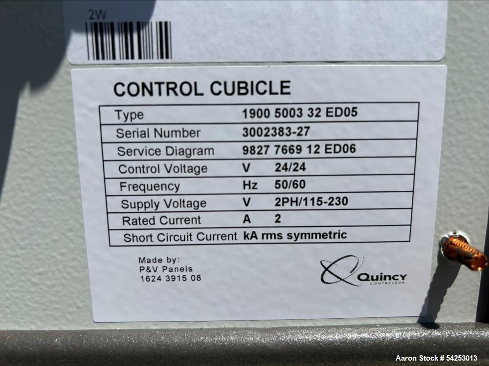 Used -Quincy Compressor system consists of a factory-built control cubicle (Type 1900 5003 32 ED05, S/N 3002383-27) operating on 24V control voltage with dual-frequency capability (50/60 Hz) and a 2-...