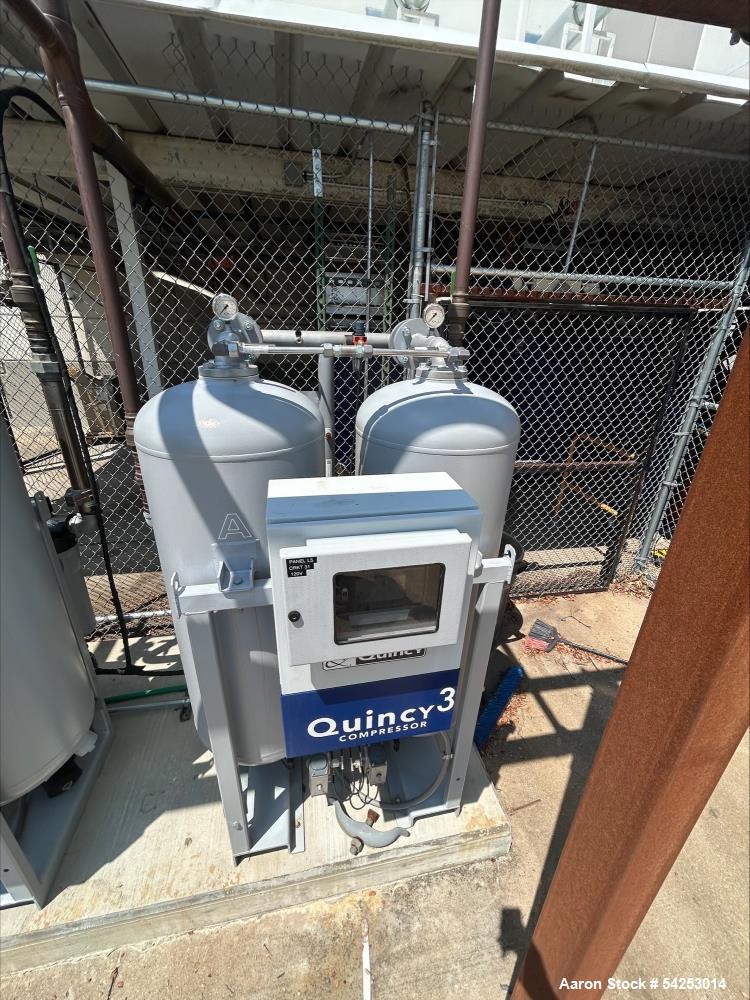 Used Quincy 3 compressed-air module consists of a dual-receiver tank assembly integrated with a factory-built Quincy control cubicle (Type 1900 5003 32 ED05, S/N 3002383-26), designed for 24V control...