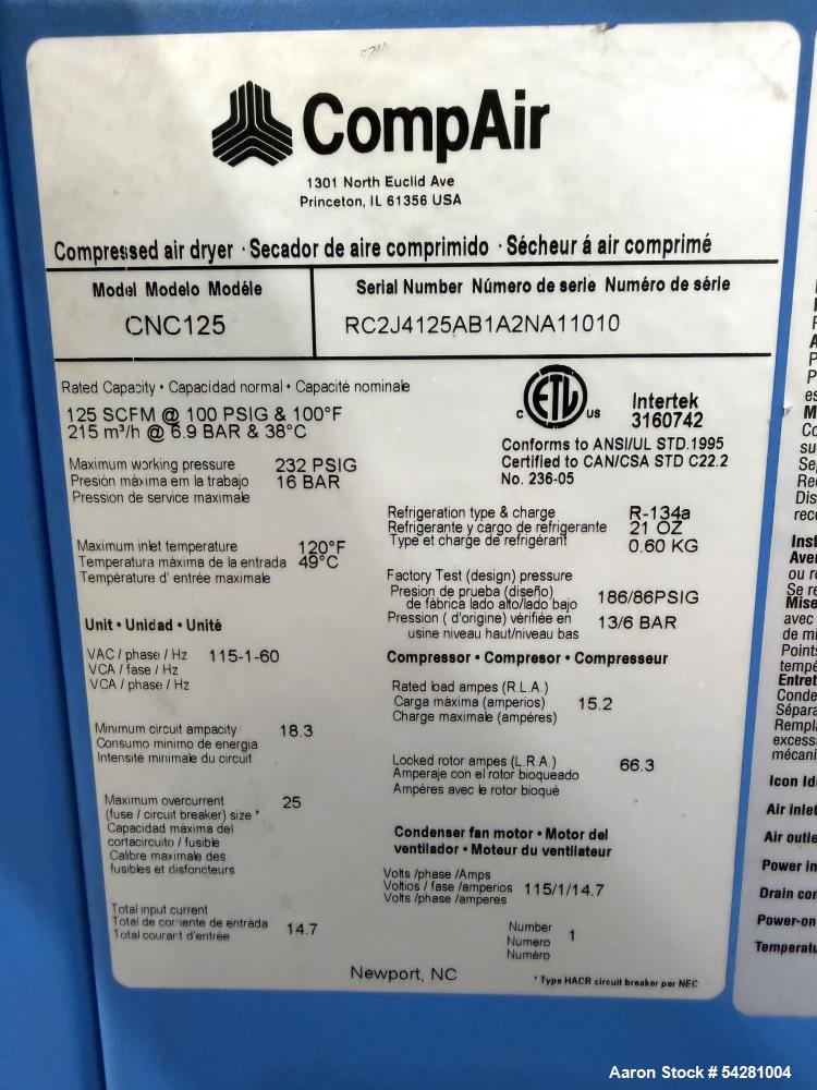 Used CompAir CNC125 Refrigerated Compressed Air Dryer | 125 SCFM | Industrial Co